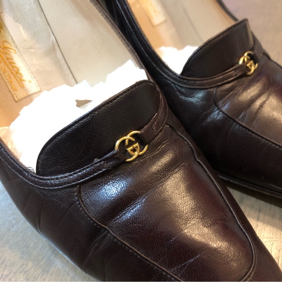 VINTAGE 1970s GUCCI Designer Luxury Italian Charm Mahogany Leather Heel Pumps - Picture 5 of 15
